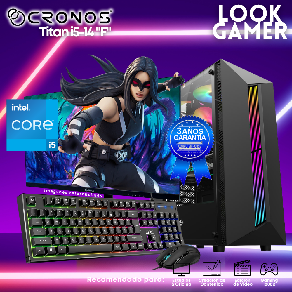 PC Look Gamer CRONOS Titan i5-14 "F", RAM 16GB DDR5, SSD 500GB, Monitor 24″ FHD.