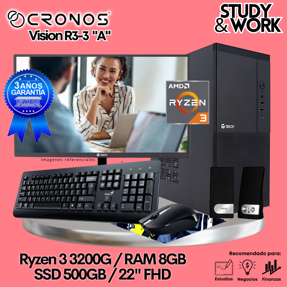 PC CRONOS Vision R3-3 "A", RAM 8GB, SSD 500GB, Monitor 22″ FHD, Kit Teclado + Mouse, Parlantes o Audífono.
