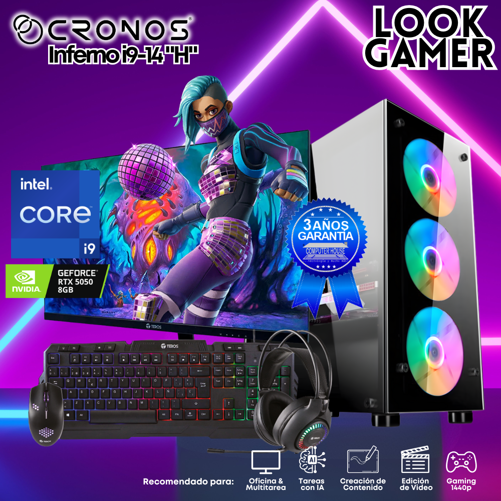 PC Look Gamer CRONOS Inferno i9-14 "H", RAM 16GB DDR5, SSD 1TB, Monitor 27″ FHD, Nvidia GeForce RTX5050 8GB.