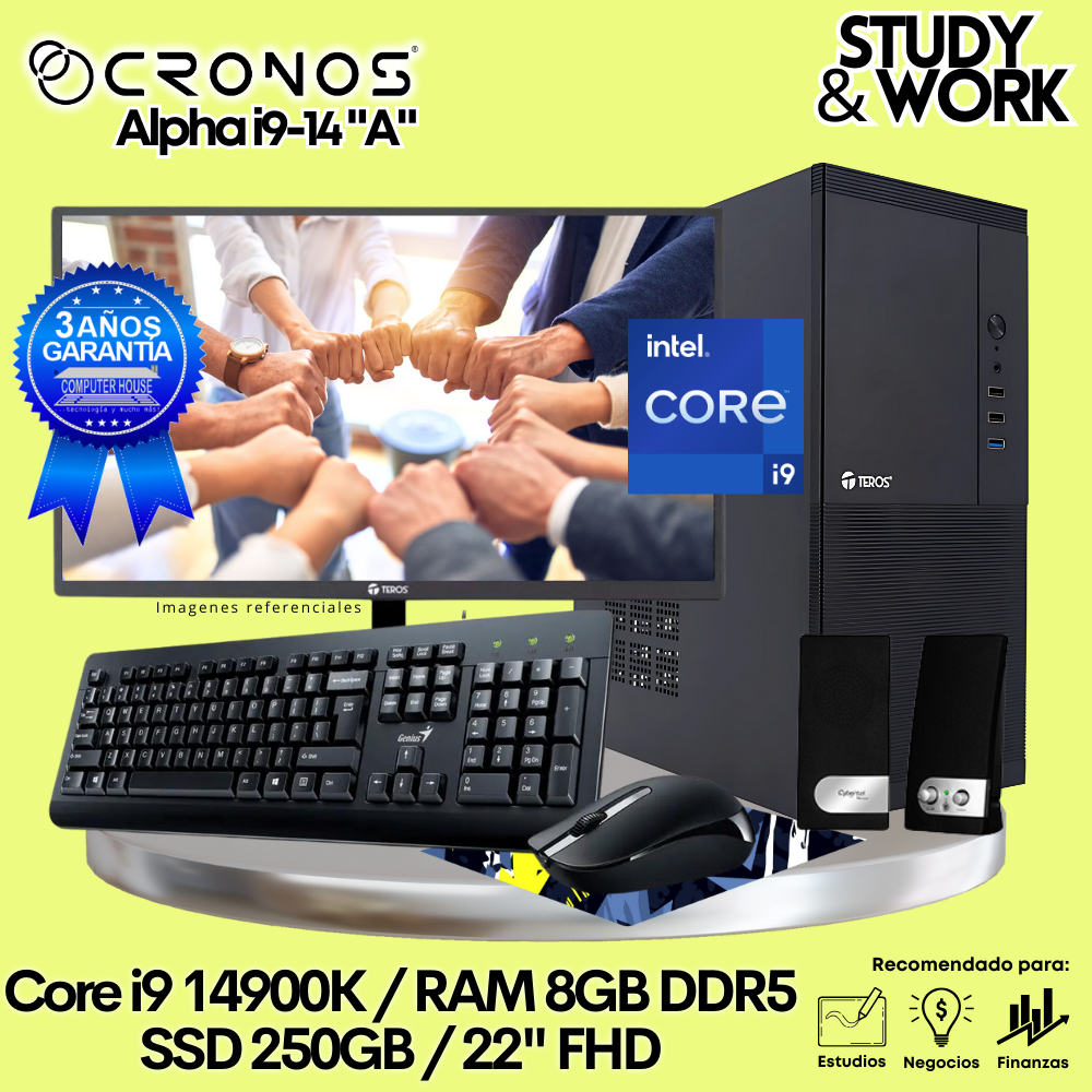 PC CRONOS Alpha i9-14 "A", 8GB DDR5 RAM, 250GB SSD, 22″ FHD Monitor, Keyboard + Mouse Kit, Speakers or Headphones.