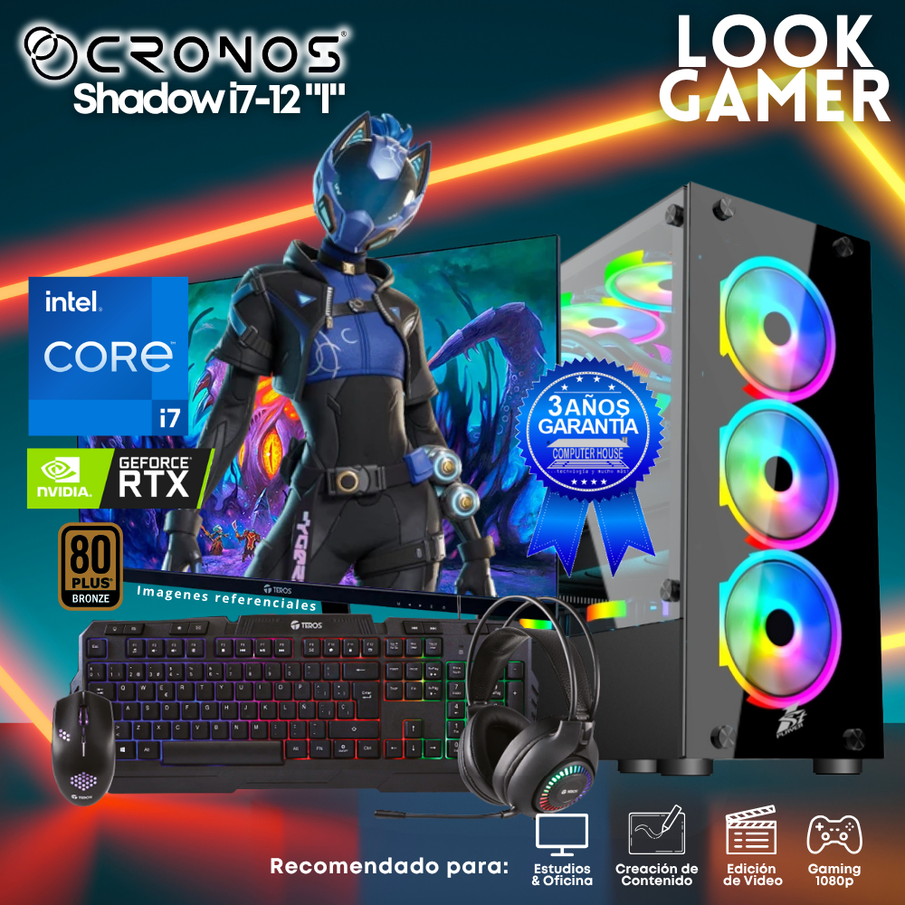 PC Look Gamer CRONOS Shadow i7-12 "I", RAM 16GB, SSD 1TB, Nvidia GeForce RTX5050 8GB, Monitor 27″ FHD.
