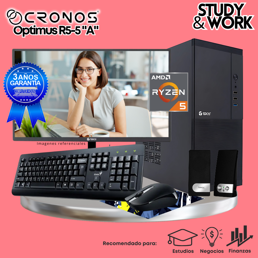 PC CRONOS Optimus R5-5 "A", 8GB RAM, 250GB SSD, 22″ FHD Monitor, Keyboard + Mouse Kit, Speakers or Headphones.