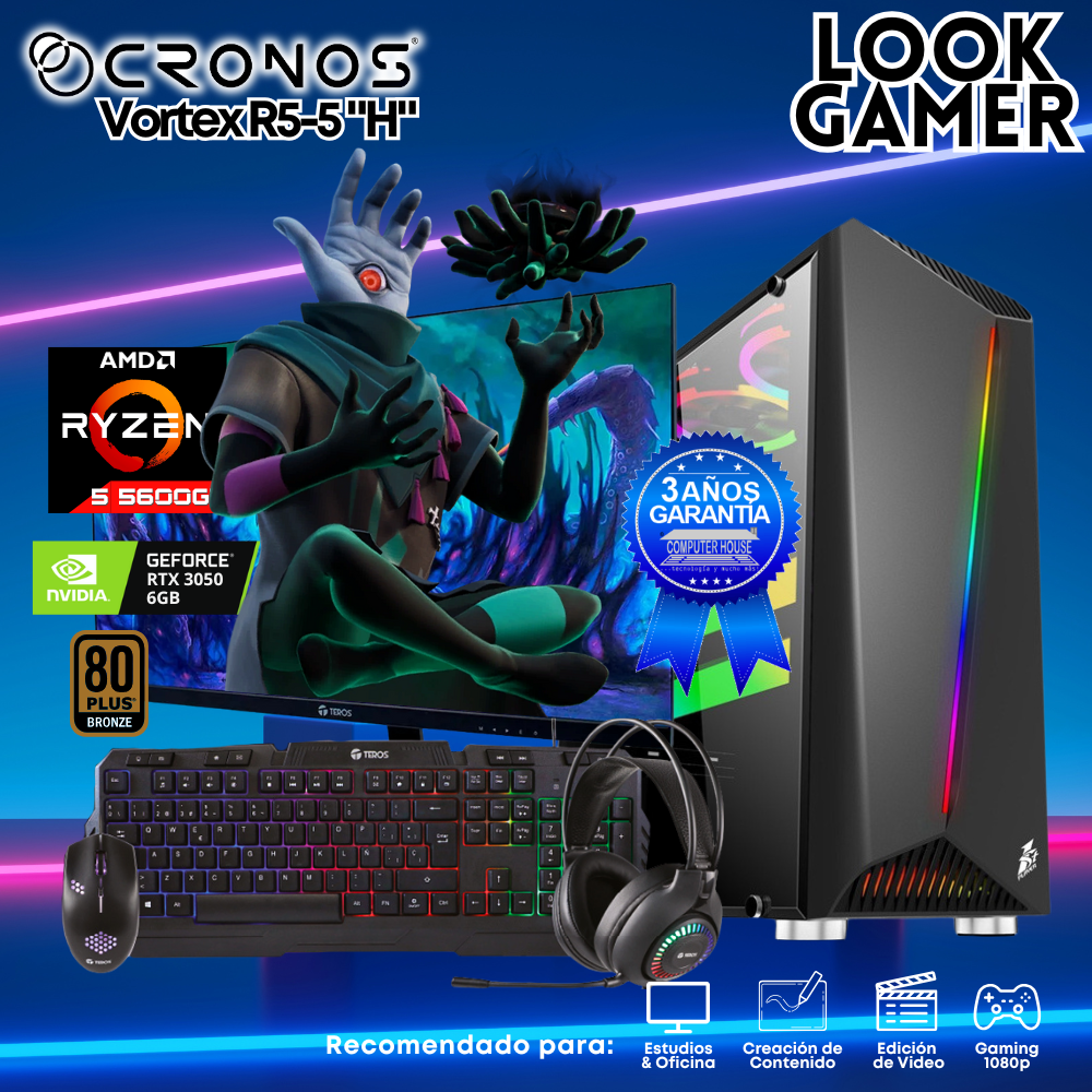 PC Look Gamer CRONOS Vortex R5-5 "H", RAM 16GB, SSD 1TB, RTX3050 6GB, Monitor 27″ FHD.