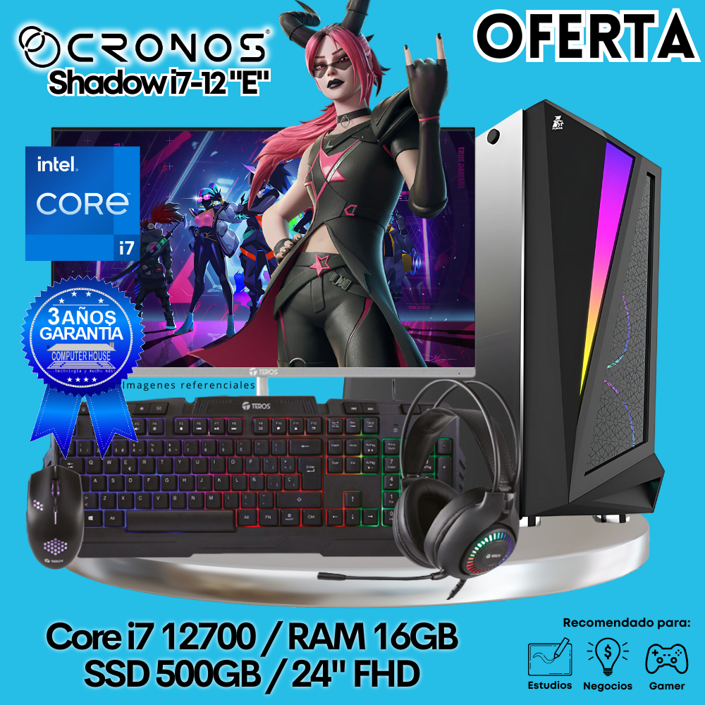 OFERTA: PC Look Gamer CRONOS Shadow i7-12  "E", RAM 16GB, SSD 500GB, Monitor 24″ FHD.