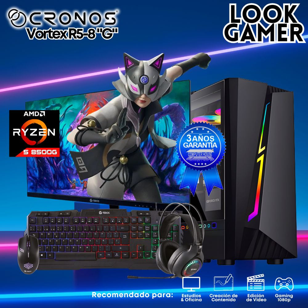 PC Look Gamer CRONOS Vortex R5-8 "G", RAM 16GB, SSD 1TB, Monitor 27″ FHD.