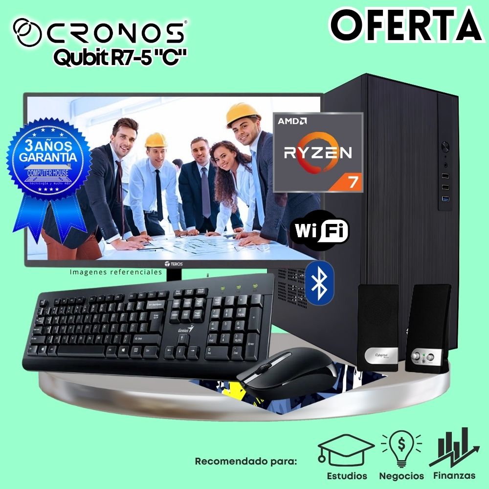 OFERTA: PC CRONOS Qubit R7-5 "C", RAM 16GB, SSD 500GB, Monitor 24″ FHD, Wi-Fi & Bluetooth, Kit Teclado + Mouse, Parlantes.