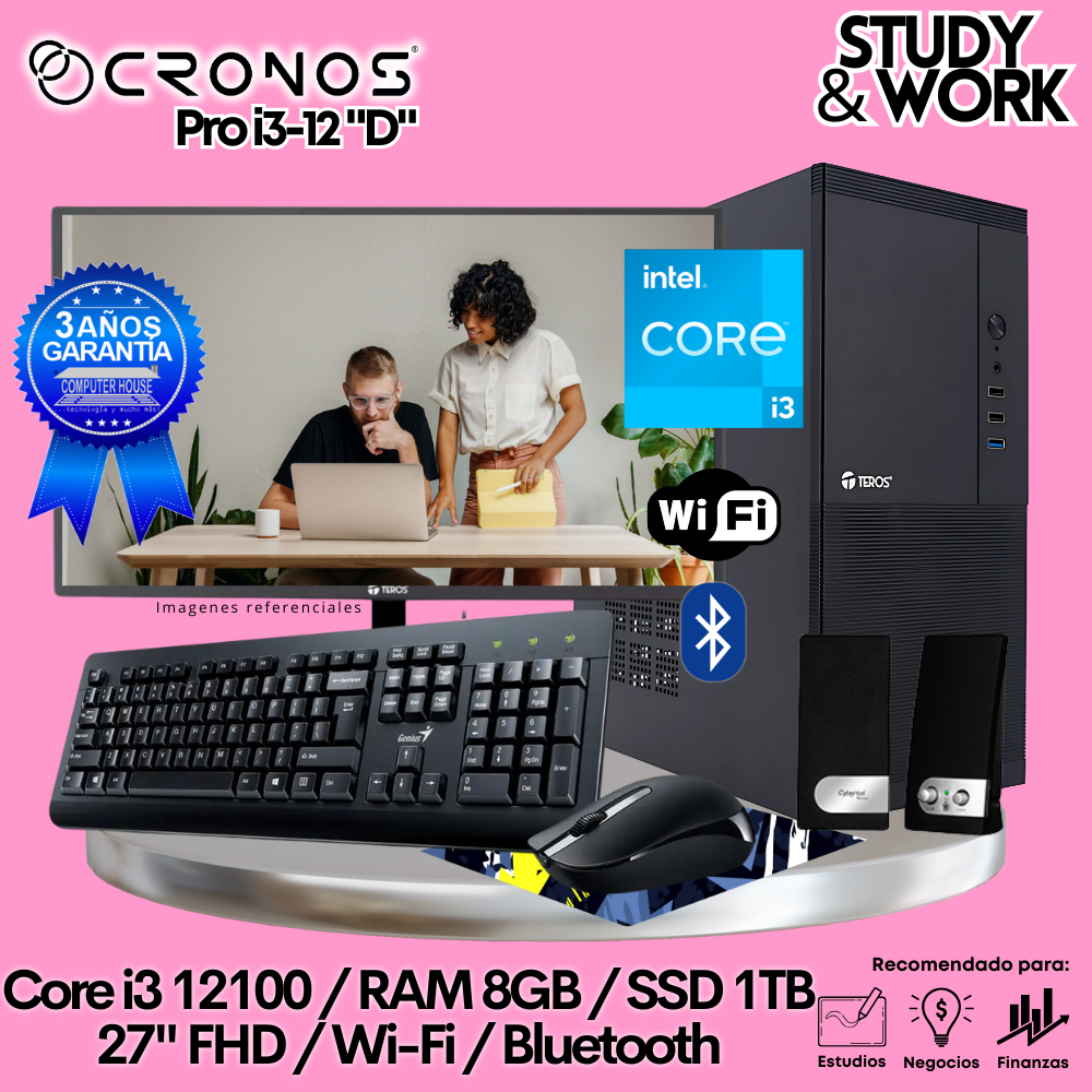 PC CRONOS Pro i3-12 "D", 8GB RAM, 1TB SSD, 27″ FHD Monitor, Wi-Fi &amp; Bluetooth, Keyboard + Mouse Kit, Speakers or Headphones.