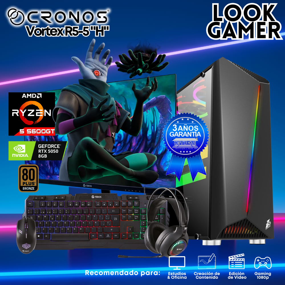 PC Look Gamer CRONOS Vortex R5-5 "H", RAM 16GB, SSD 1TB, RTX5050 8GB, Monitor 27″ FHD.