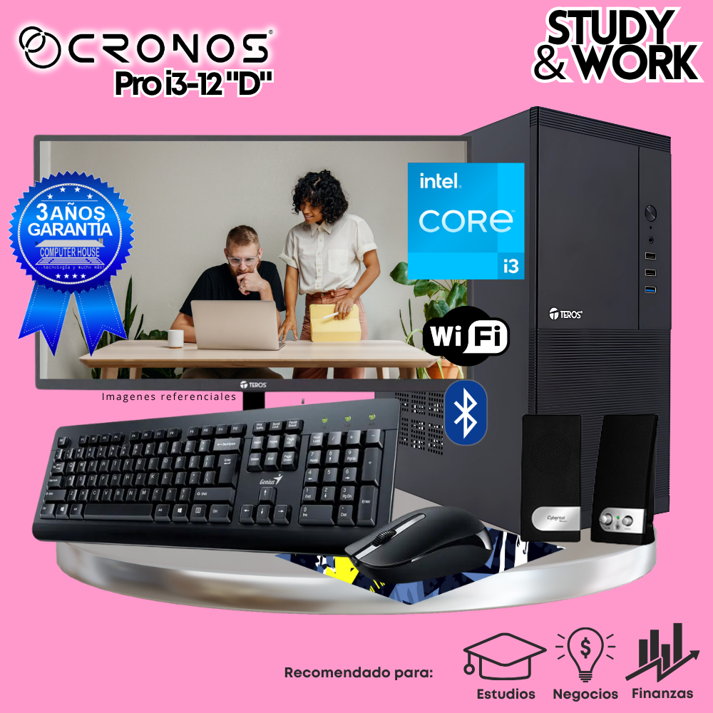 PC CRONOS Pro i3-12 "D", RAM 16GB, SSD 1TB, Monitor 27″ FHD, Wi-Fi & Bluetooth, Kit Teclado + Mouse, Parlantes o Audífono.