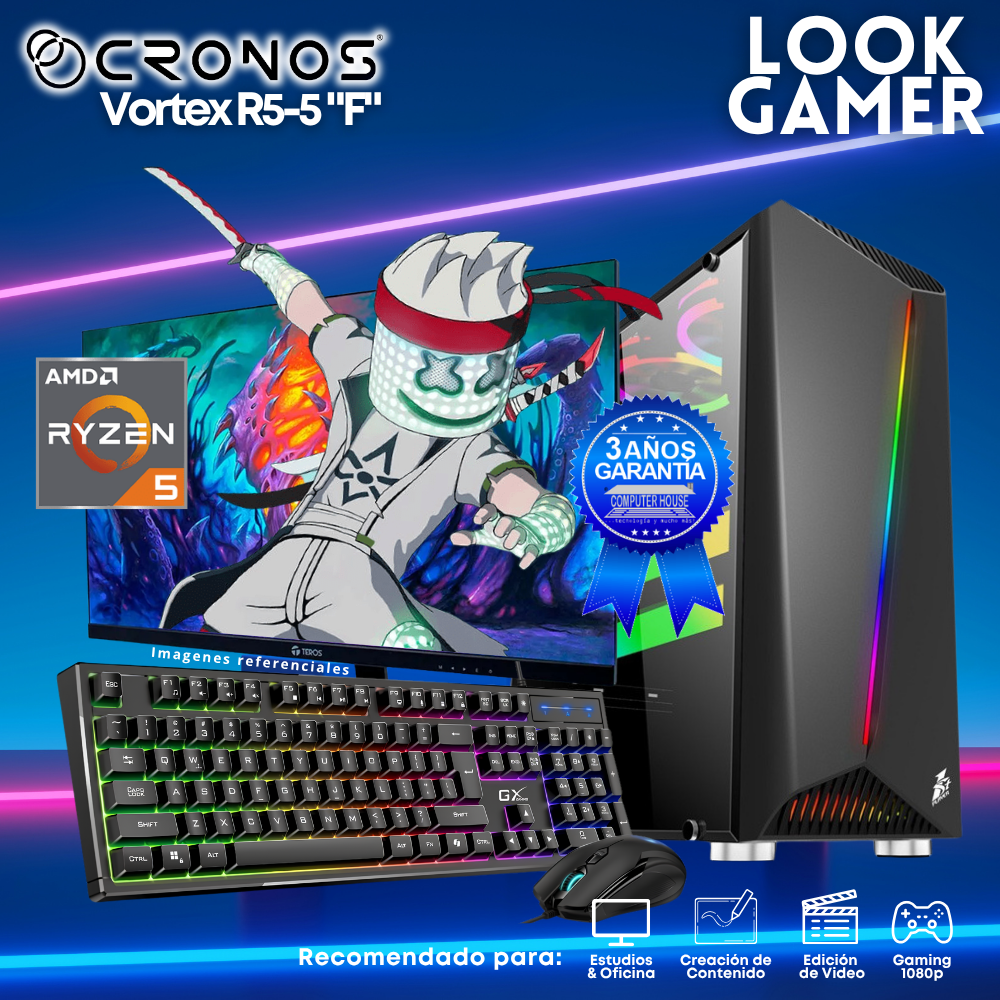 PC Look Gamer CRONOS Vortex R5-5 "F", RAM 16GB, SSD 500GB, Monitor 24″ FHD.