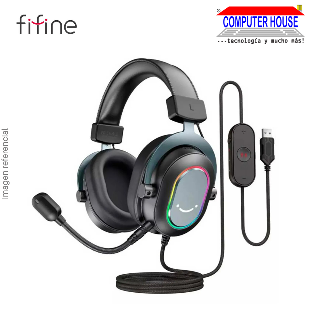 FIFINE H6 RGB Wired 7.1 Surround Sound Headset with Detachable Microphone, USB Connection - Black