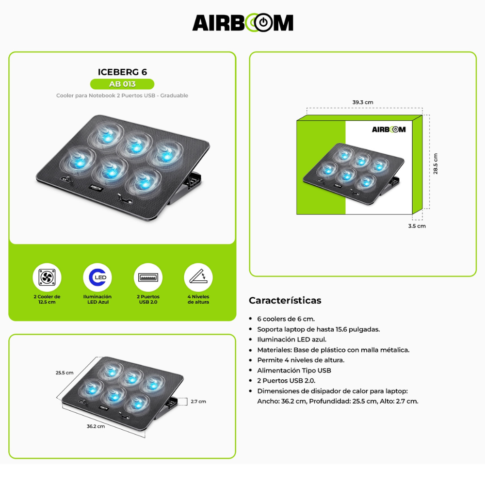 Cooler para Laptop AIRBOOM Iceberg 6 - AB013, 6 Ventiladores, hasta 15.6", hasta 4 niveles de altura ajustables, iluminación LED Azul.