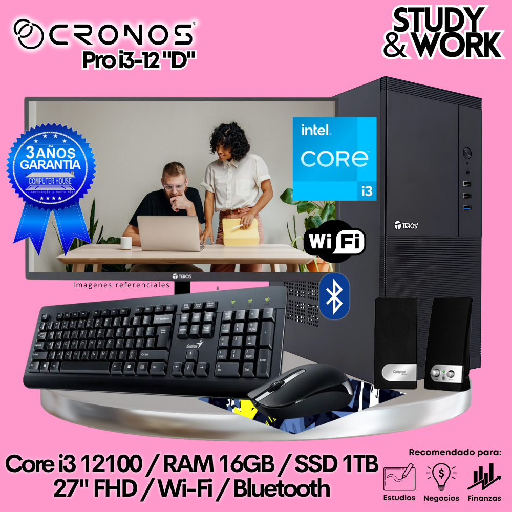 PC CRONOS Pro i3-12 "D", 8GB RAM, 1TB SSD, 27″ FHD Monitor, Wi-Fi &amp; Bluetooth, Keyboard + Mouse Kit, Speakers or Headphones.