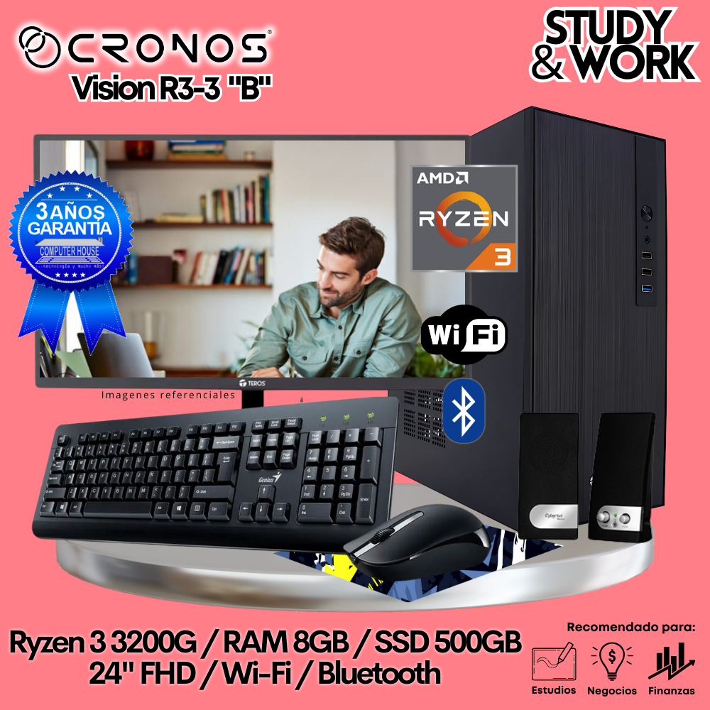 PC CRONOS Vision R3-3 "B", RAM 8GB, SSD 500GB, Monitor 24″ FHD, Wi-Fi & Bluetooth, Kit Teclado + Mouse, Parlantes o Audífono.