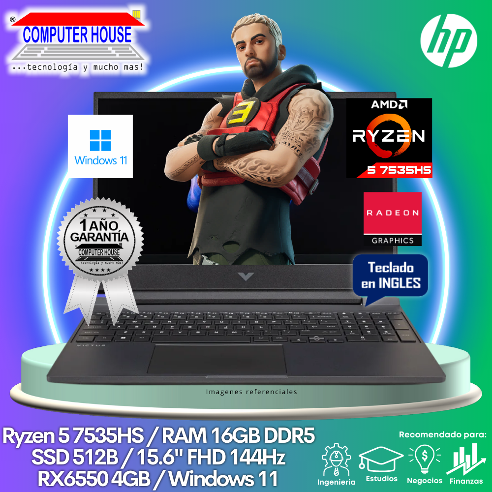 Laptop HP Victus, Ryzen 5-7535HS, RAM 16GB DDR5, SSD 512GB, Video RX6550M 4GB, 15.6