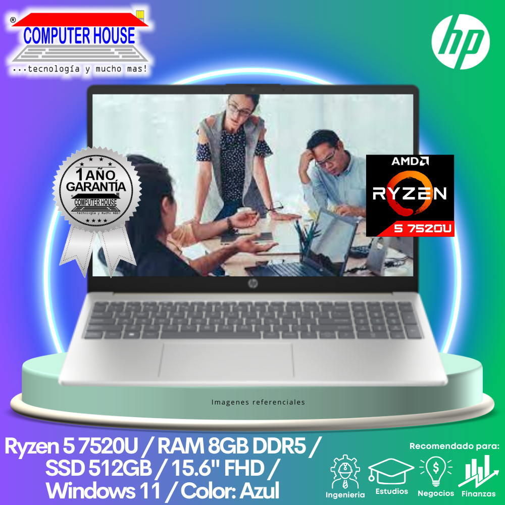 Laptop HP 15-FC0071LA, Ryzen 5-7520U, RAM 8GB DDR5, SSD 512GB, 15.6″ FHD, Windows 11.