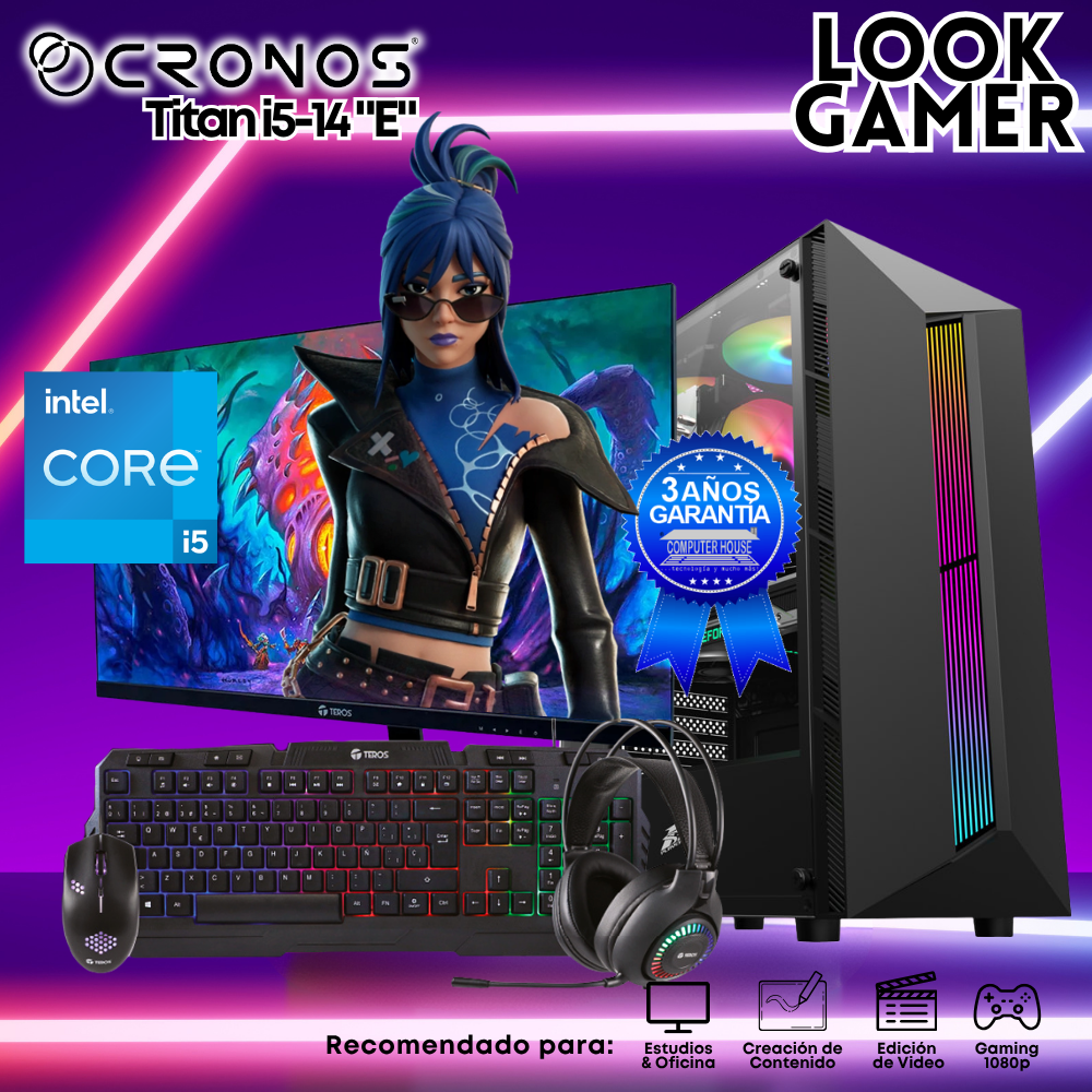 PC Look Gamer CRONOS Titan i5-14 "E", RAM 8GB DDR5, SSD 500GB, Monitor 24″ FHD.