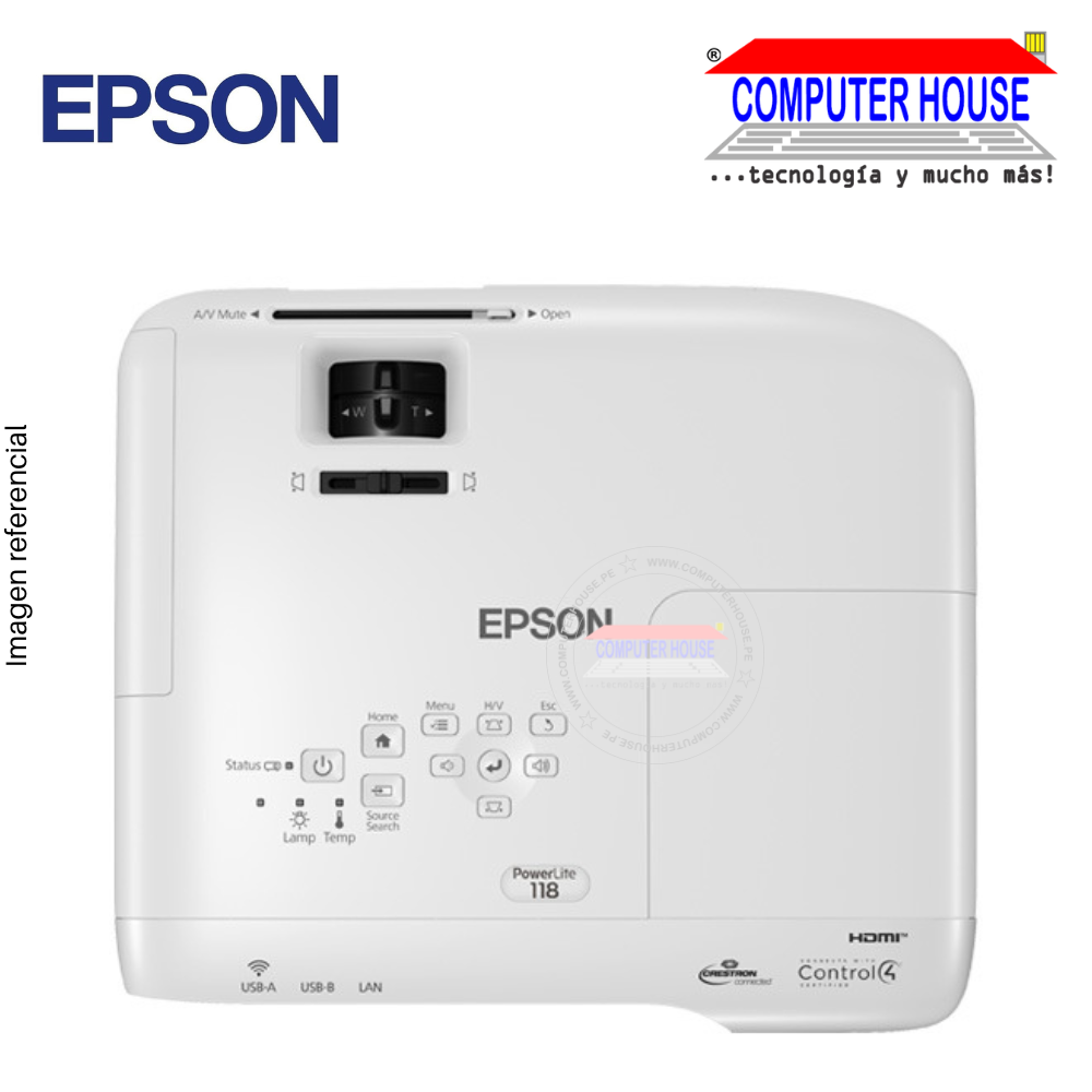 EPSON PowerLite 118 Projector, 3800 Lumens, 3LCD, HDMI/VGA/LAN/USB. 