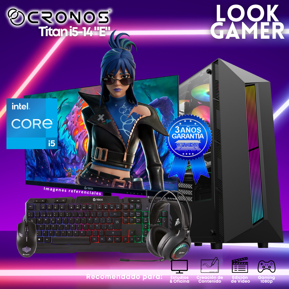 PC Look Gamer CRONOS Titan i5-14 "E", RAM 8GB DDR5, SSD 500GB, Monitor 24″ FHD.
