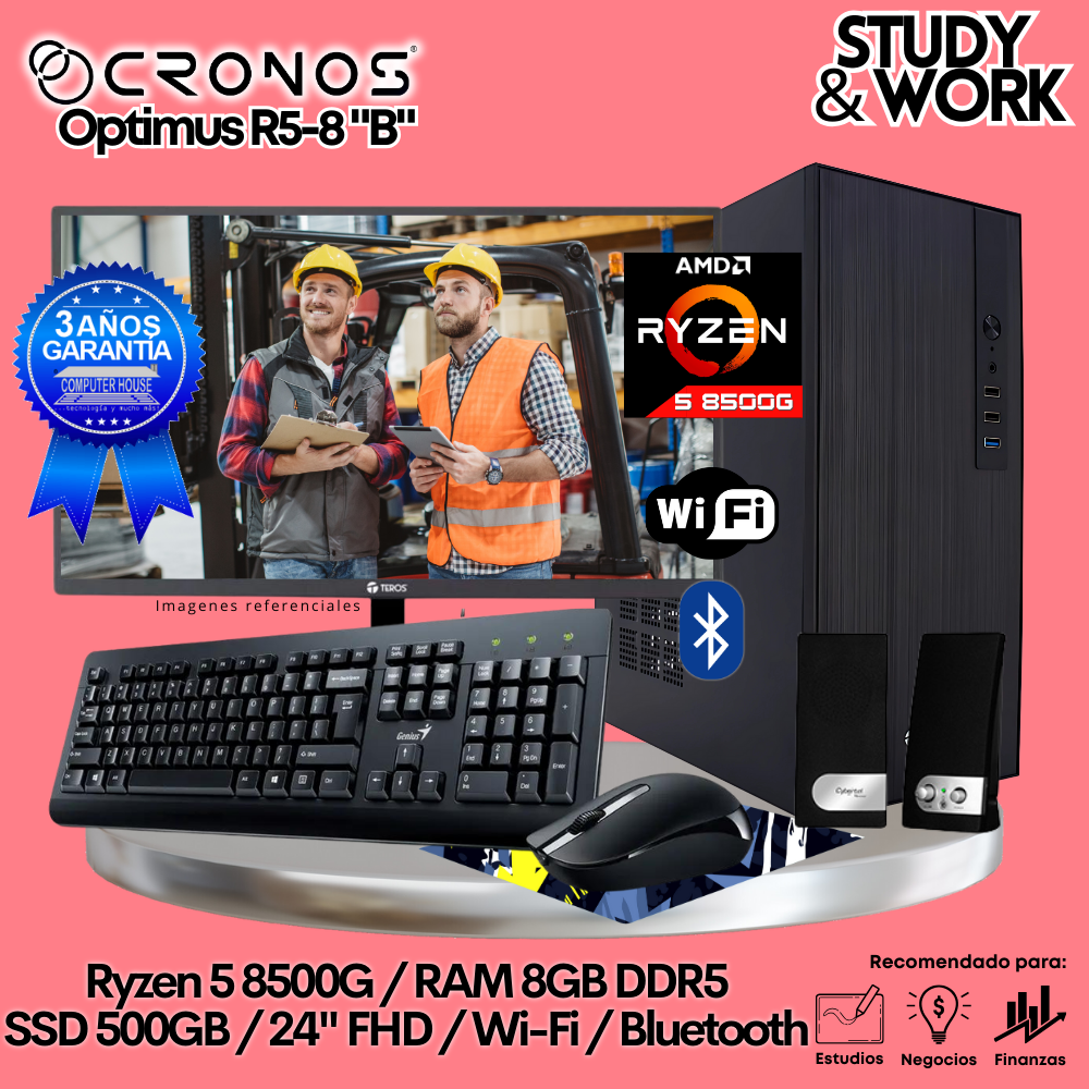 PC CRONOS Optimus R5-8 "B", 8GB DDR5 RAM, 500GB SSD, 24″ FHD Monitor, Wi-Fi, Keyboard + Mouse Kit, Speakers or Headphones.