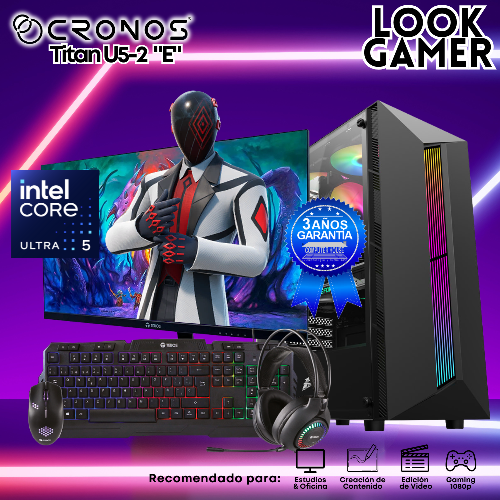 PC Look Gamer CRONOS Titan U5-2 "E", RAM 16GB DDR5, SSD 500GB, Monitor 24″ FHD.