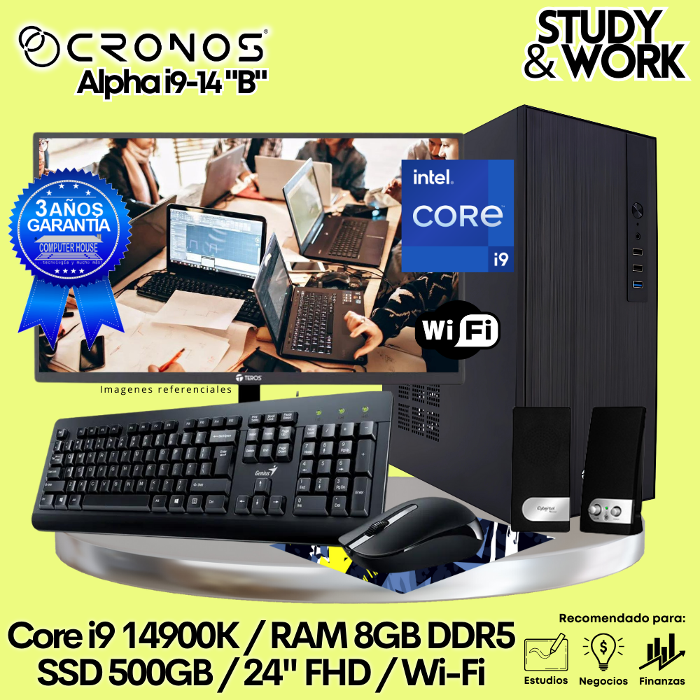 PC CRONOS Alpha i9-14 "B", 8GB DDR5 RAM, 500GB SSD, 24″ FHD Monitor, Wi-Fi, Keyboard + Mouse Kit, Speakers or Headphones.