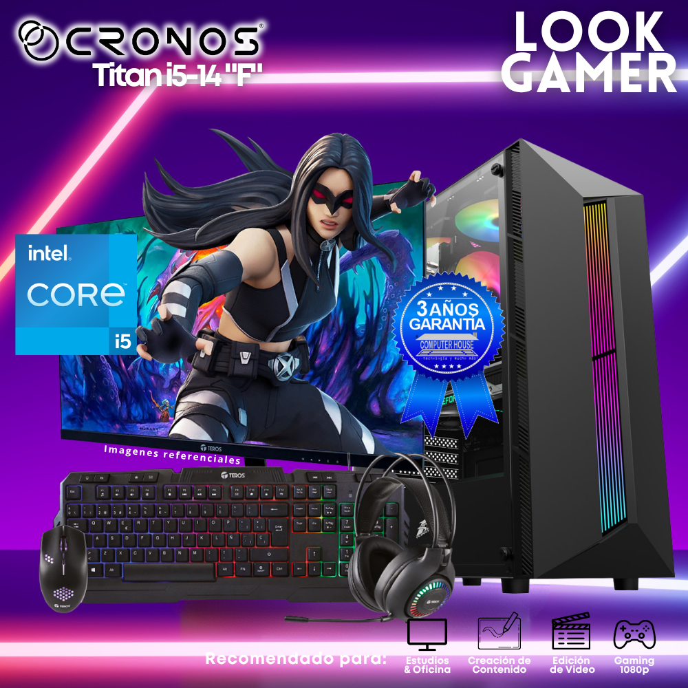 PC Look Gamer CRONOS Titan i5-14 "F", RAM 16GB DDR5, SSD 500GB, Monitor 24″ FHD.