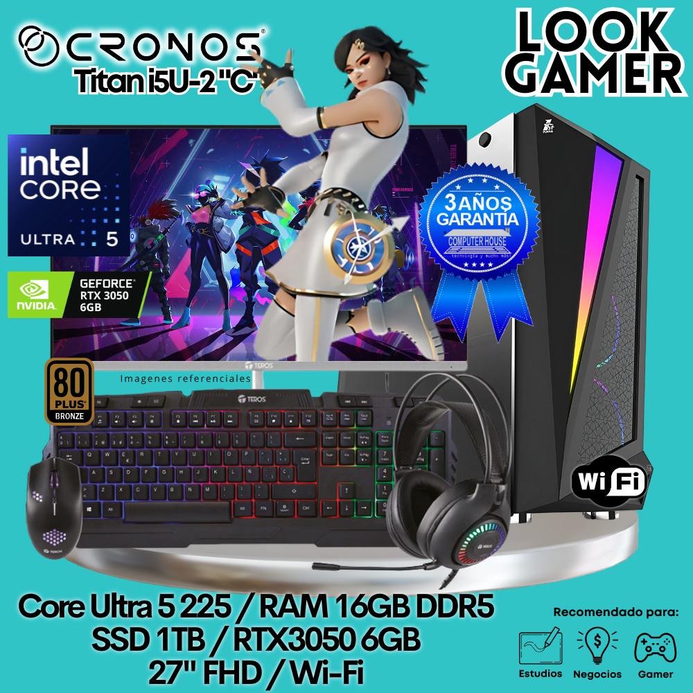 PC Look Gamer CRONOS Titan U5-2 "C", RAM 16GB DDR5, SSD 1TB, RTX3050 6GB, Monitor 27″ FHD, Wi-Fi.