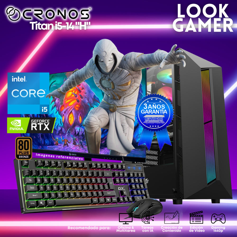 PC Look Gamer CRONOS Titan i5-14 "H", RAM 16GB DDR5, SSD 500GB, Nvidia GeForce RTX3050 6GB, Monitor 27″ FHD.