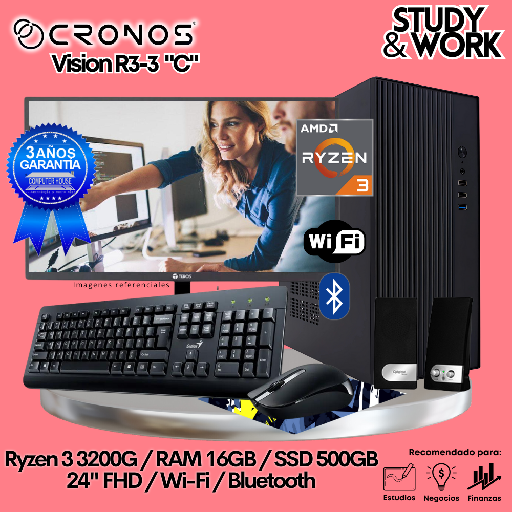 PC CRONOS Vision R3-3 "C", RAM 16GB, SSD 500GB, Monitor 24″ FHD, Wi-Fi & Bluetooth, Kit Teclado + Mouse, Parlantes o Audífono.