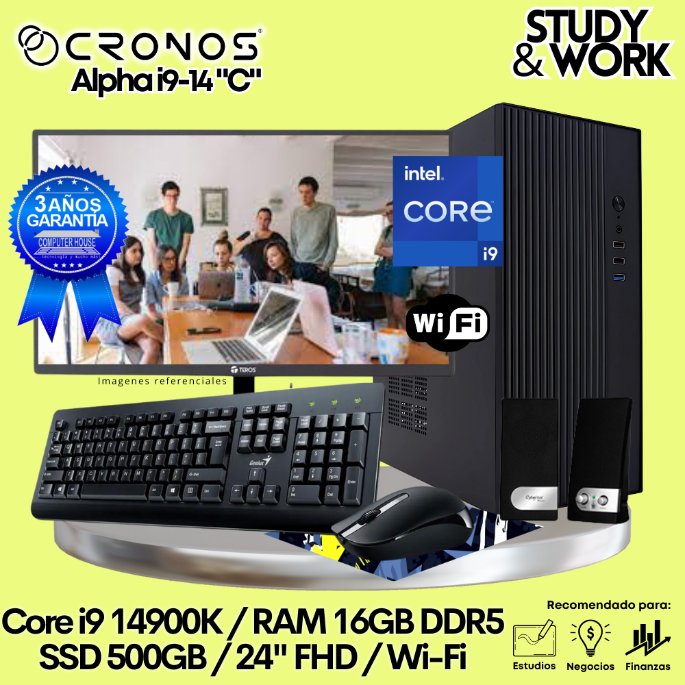 PC CRONOS Alpha i9-14 "C", 16GB DDR5 RAM, 500GB SSD, 24″ FHD Monitor, Wi-Fi, Keyboard + Mouse Kit, Speakers or Headphones.