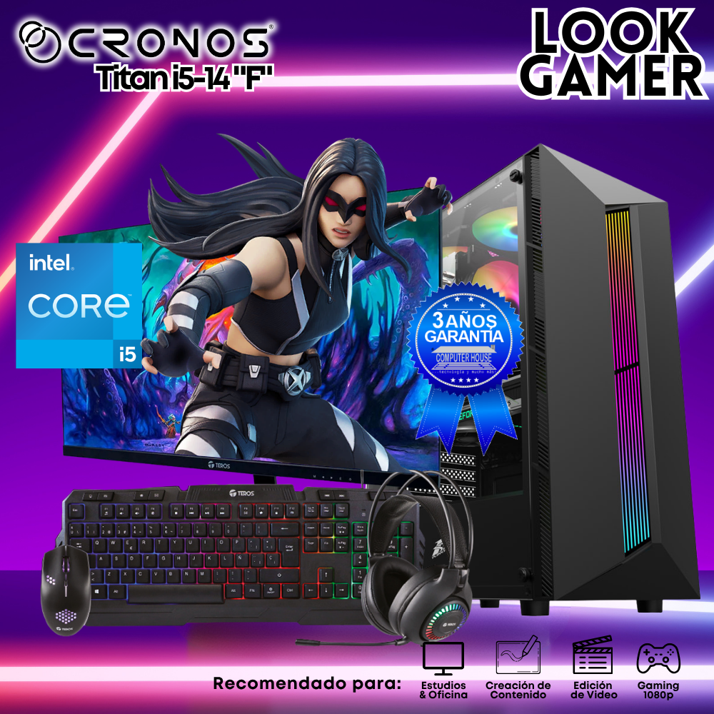 PC Look Gamer CRONOS Titan i5-14 "F", RAM 16GB DDR5, SSD 500GB, Monitor 24″ FHD.