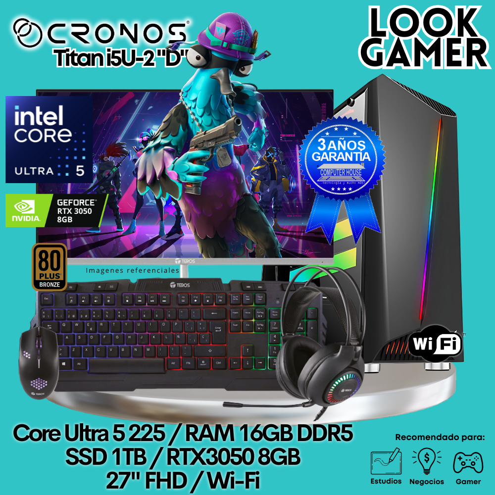 PC Look Gamer CRONOS Titan U5-2 "D", RAM 16GB DDR5, SSD 1TB, RTX3050 8GB, Monitor 27″ FHD, Wi-Fi.