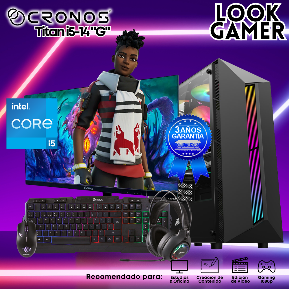 PC Look Gamer CRONOS Titan i5-14 "G", RAM 16GB DDR5, SSD 1TB, Monitor 27″ FHD.