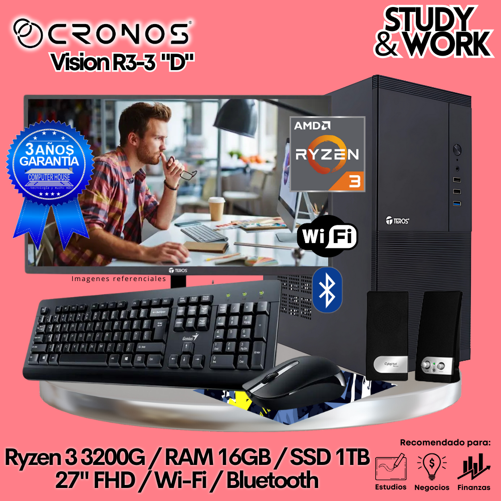 PC CRONOS Optimus R5-5 "D", 16GB RAM, 1TB SSD, 27″ FHD Monitor, Wi-Fi &amp; Bluetooth, Keyboard + Mouse Kit, Speakers or Headphones.