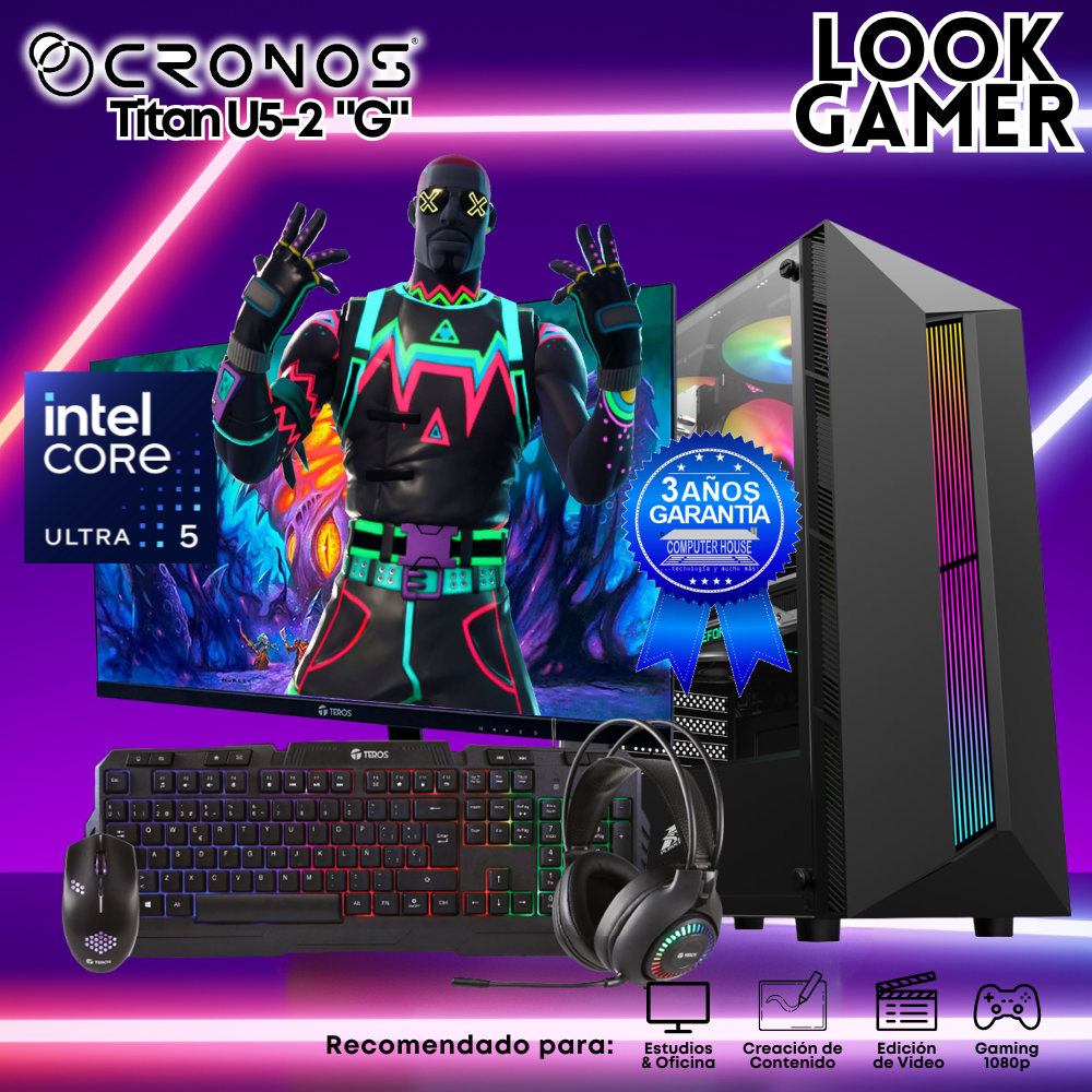 PC Look Gamer CRONOS Titan U5-2 "G", RAM 16GB DDR5, SSD 1TB, Monitor 27″ FHD.