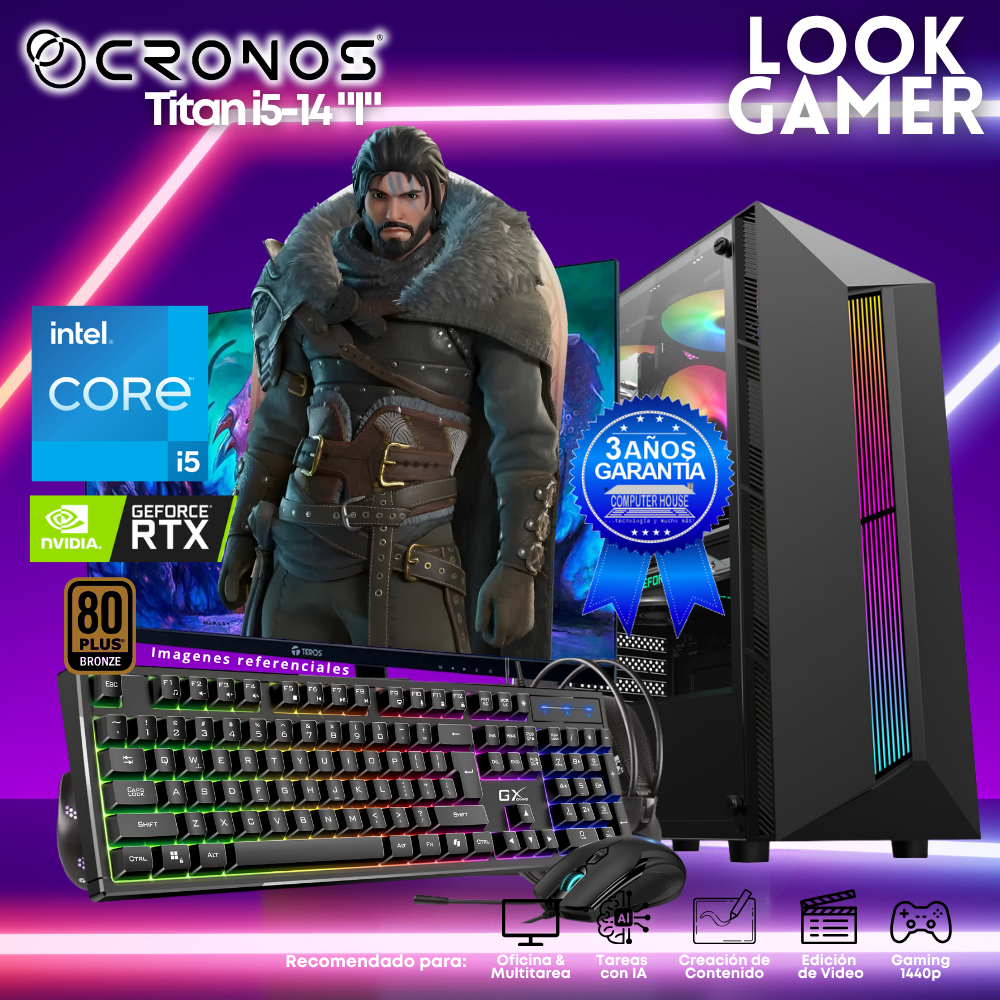 PC Look Gamer CRONOS Titan i5-14 "I", RAM 16GB DDR5, SSD 1TB, Nvidia GeForce RTX5050 8GB, Monitor 27″ FHD.