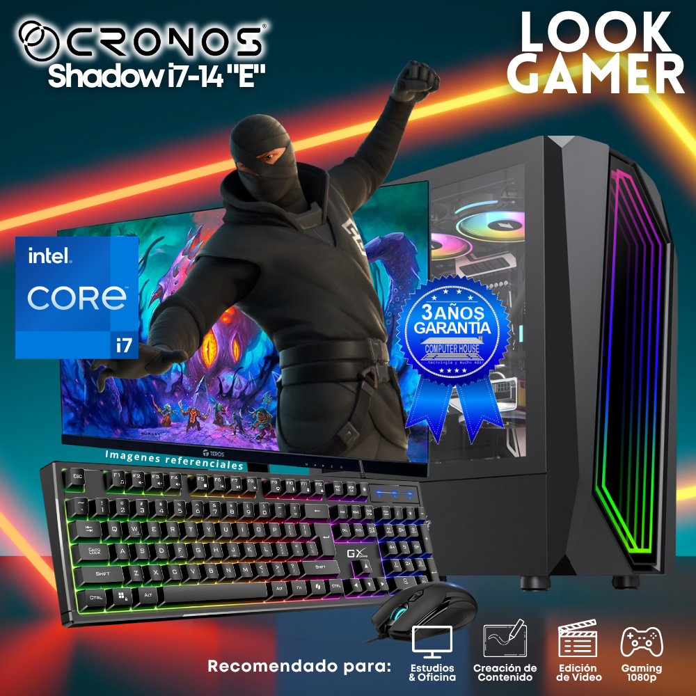 PC Look Gamer CRONOS Shadow i7-14 "E", RAM 8GB DDR5, SSD 500GB, Monitor 24″ FHD.
