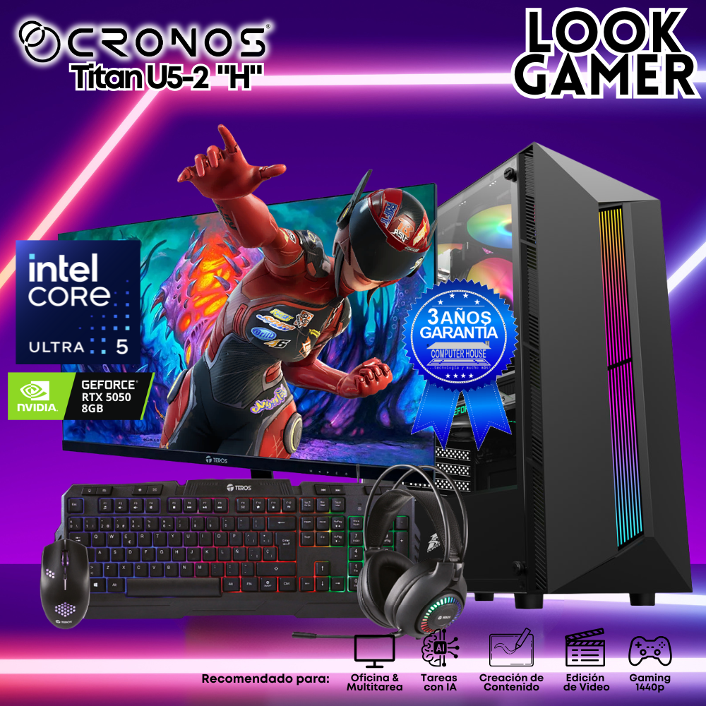 PC Look Gamer CRONOS Titan U5-2 "H", RAM 16GB DDR5, SSD 1TB, Monitor 27″ FHD, Nvidia GeForce RTX5050 8GB.