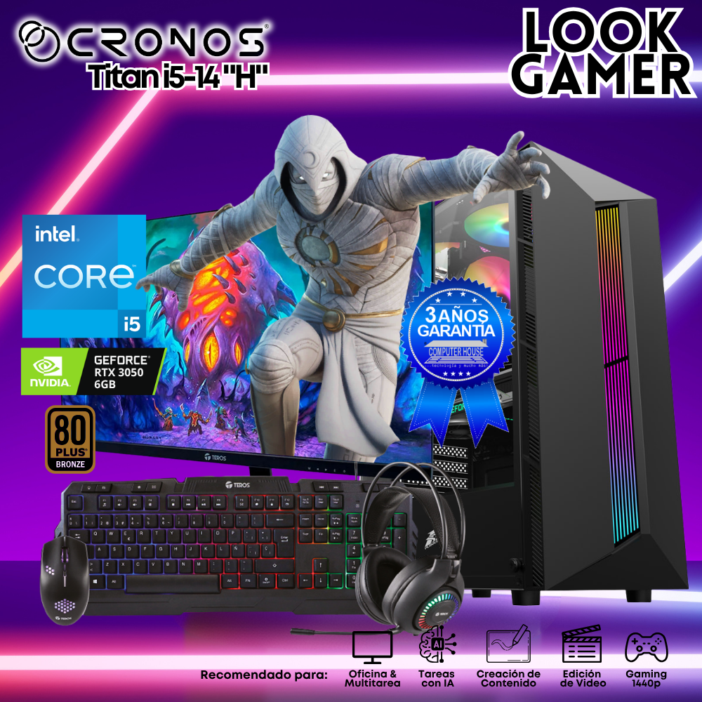PC Look Gamer CRONOS Titan i5-14 "H", RAM 16GB DDR5, SSD 500GB, RTX3050 6GB, Monitor 27″ FHD.