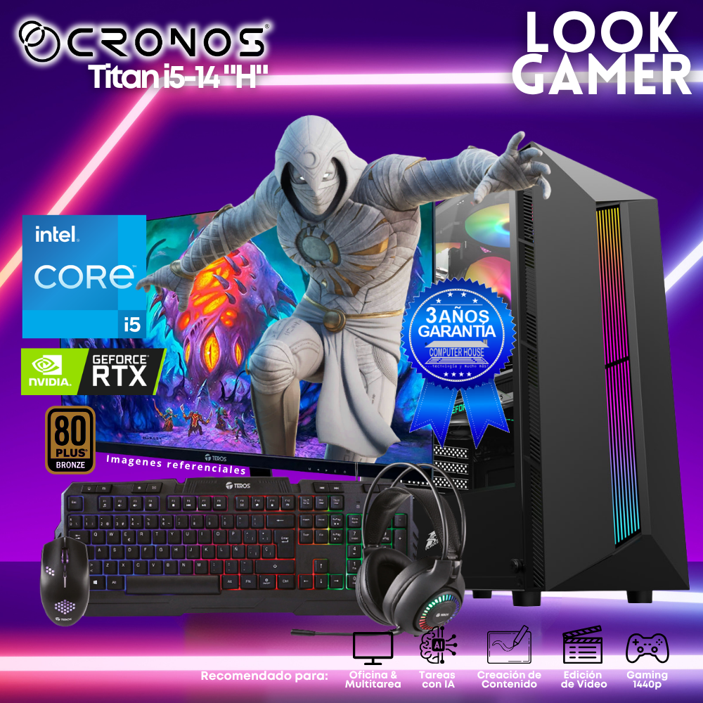 PC Look Gamer CRONOS Titan i5-14 "H", RAM 16GB DDR5, SSD 500GB, Nvidia GeForce RTX3050 6GB, Monitor 27″ FHD.