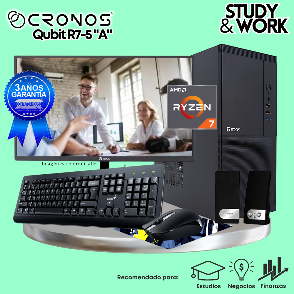 PC CRONOS Qubit R7-5 "A", RAM 8GB, SSD 500GB, Monitor 24″ FHD, Kit Teclado + Mouse, Parlantes o Audífono.