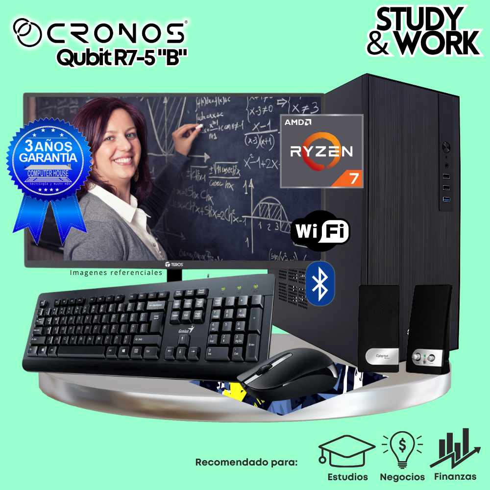 PC CRONOS Qubit R7-5 "B", RAM 8GB, SSD 500GB, Monitor 24″ FHD, Wi-Fi & Bluetooth, Kit Teclado + Mouse, Parlantes o Audífono.