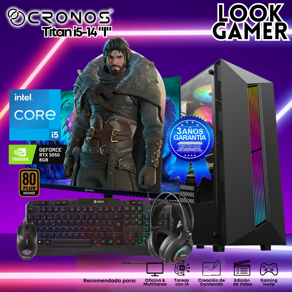 PC Look Gamer CRONOS Titan i5-14 "I", RAM 16GB DDR5, SSD 1TB, RTX5050 8GB, Monitor 27″ FHD.