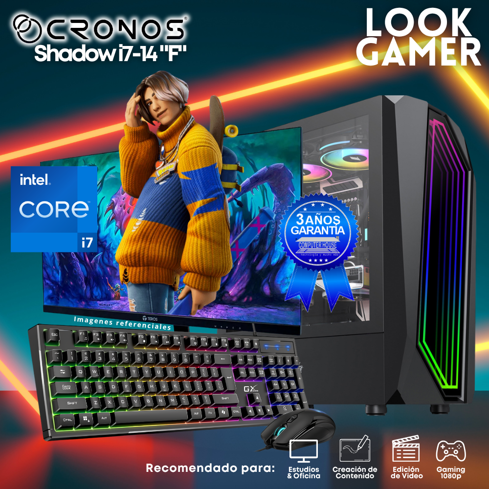 PC Look Gamer CRONOS Shadow i7-14 "F", RAM 16GB DDR5, SSD 500GB, Monitor 24″ FHD.