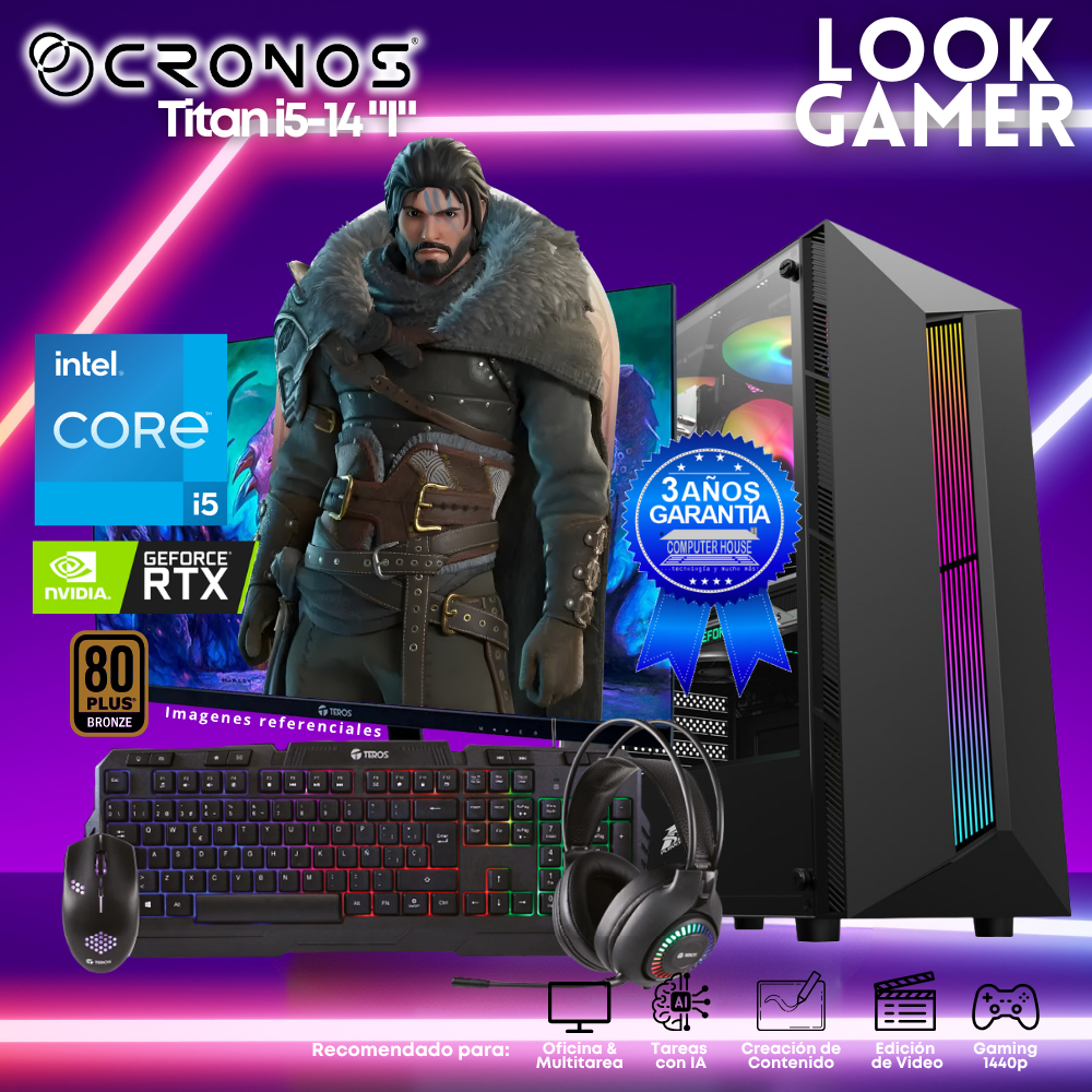 PC Look Gamer CRONOS Titan i5-14 "I", RAM 16GB DDR5, SSD 1TB, Nvidia GeForce RTX5050 8GB, Monitor 27″ FHD.