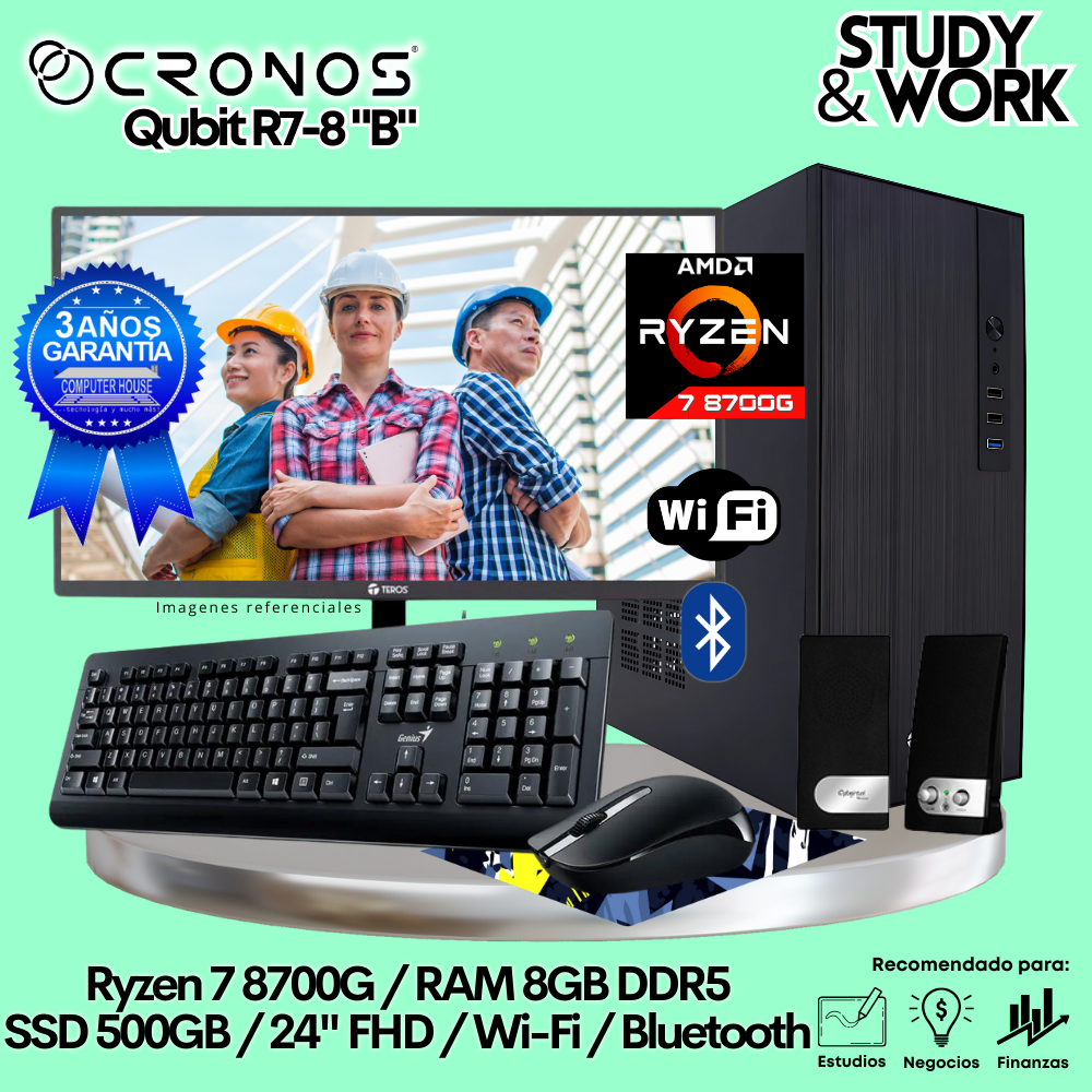 PC CRONOS Qubit R7-8 "B", 8GB DDR5 RAM, 500GB SSD, 24″ FHD Monitor, Wi-Fi, Keyboard + Mouse Kit, Speakers or Headphones.