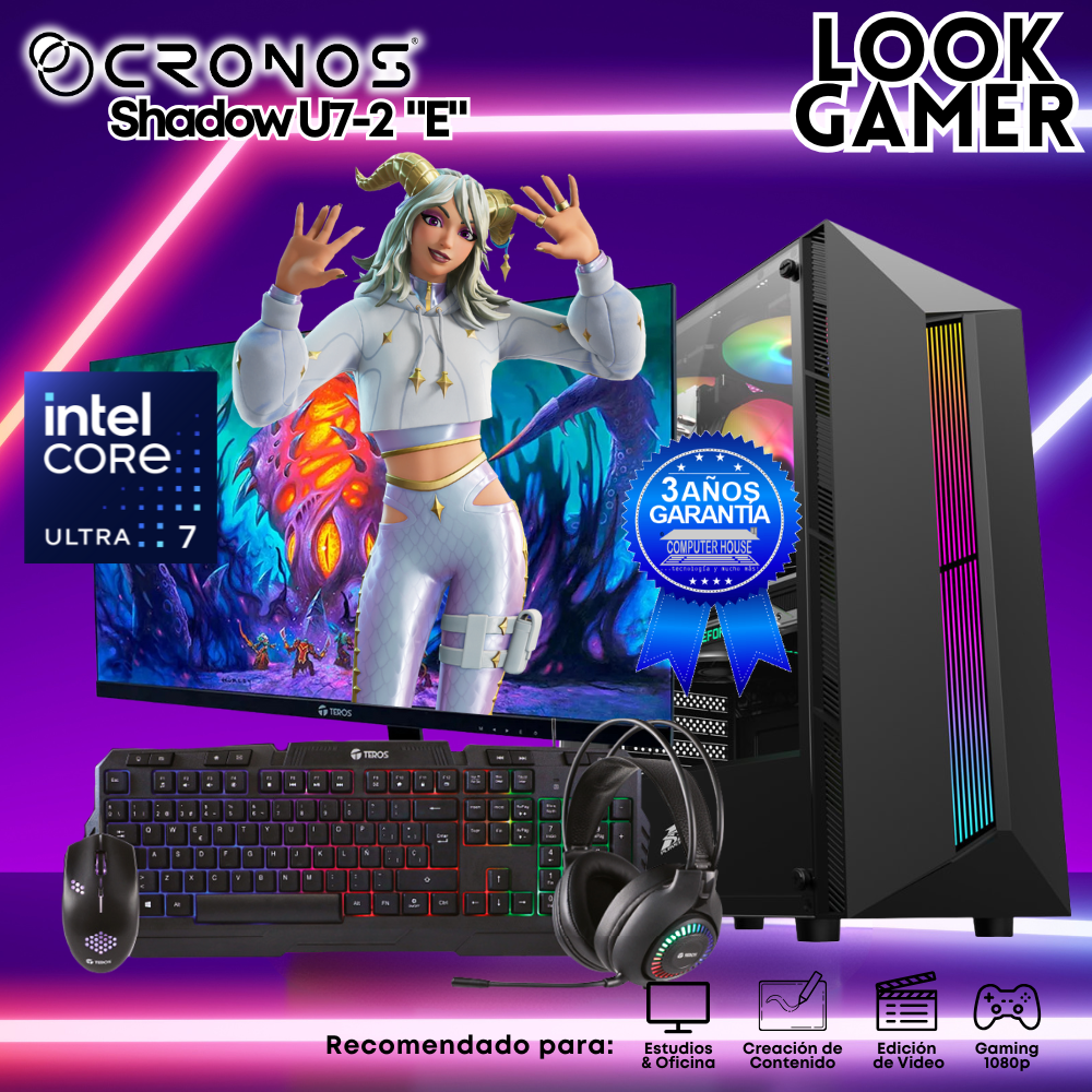 PC Look Gamer CRONOS Shadow U7-2 "E", RAM 16GB DDR5, SSD 500GB, Monitor 24″ FHD.