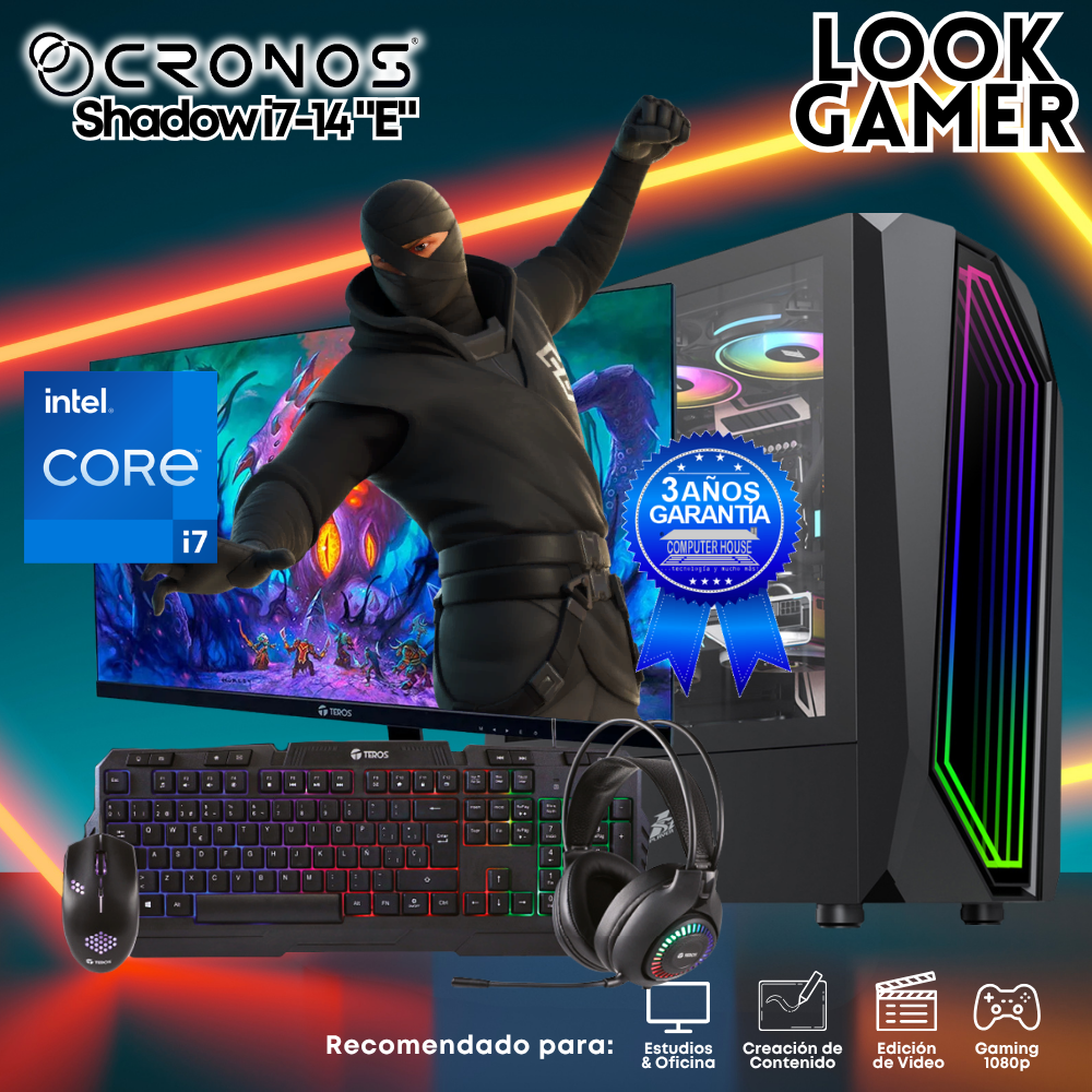 PC Look Gamer CRONOS Shadow i7-14 "E", RAM 8GB DDR5, SSD 500GB, Monitor 24″ FHD.