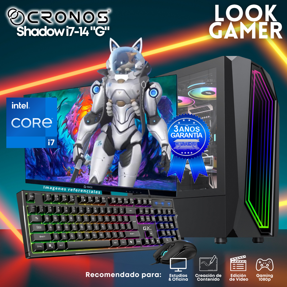 PC Look Gamer CRONOS Shadow i7-14 "G", RAM 16GB DDR5, SSD 1TB, Monitor 27″ FHD.